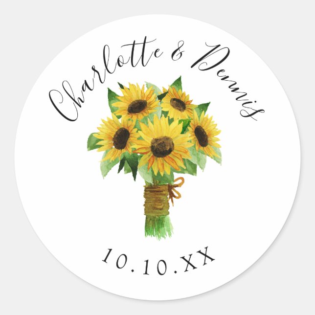 Sticker Rond Mariage de bouquet de tournesol aquarelle (Devant)