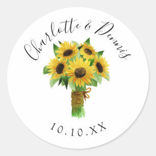 Sticker Rond Mariage de bouquet de tournesol aquarelle