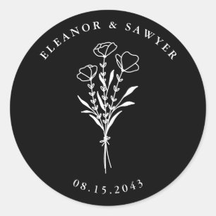 Sticker Rond Mariage de bouquet floral minimaliste noir et blan
