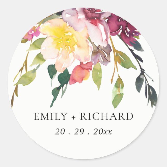 STICKER ROND MARIAGE DE BUNCH FLORAL BURGUNDY JAUNE CLAIR (Devant)
