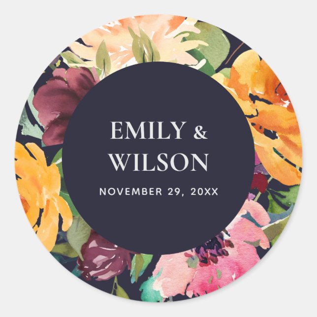 STICKER ROND MARIAGE DE BUNCH FLORAL DE MARINE BLUSH JAUNE ORAN (Devant)