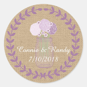 Sticker Rond Mariage de Burlap rustique et de Fleurs de Jar Mas