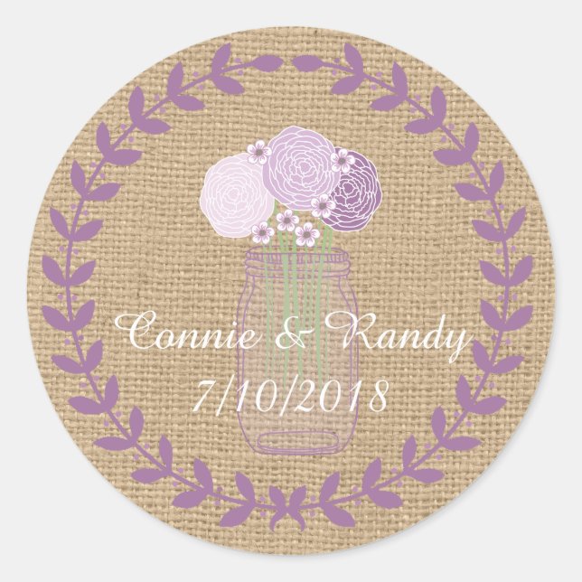 Sticker Rond Mariage de Burlap rustique et de Fleurs de Jar Mas (Devant)