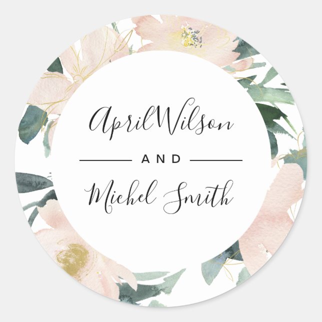 STICKER ROND MARIAGE DE CADRE D'EAU FLORALE DOUX BLUSH OR (Devant)