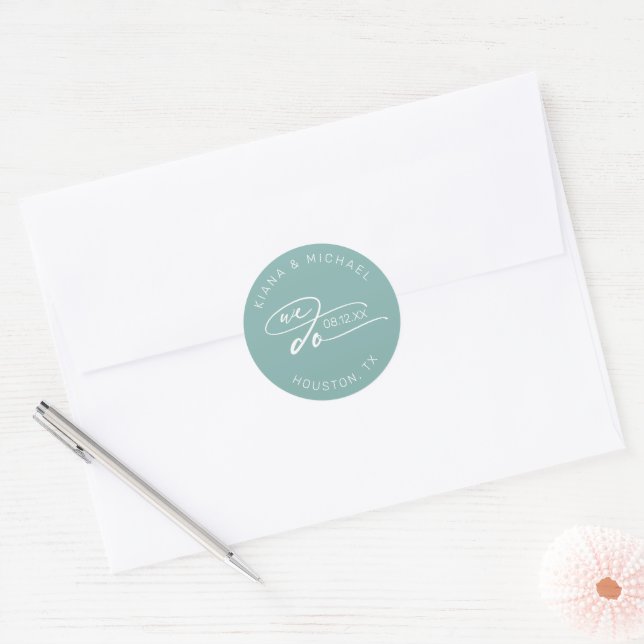 Sticker Rond Mariage de calligraphie Nous faisons Turquoise ID8 (Enveloppe)