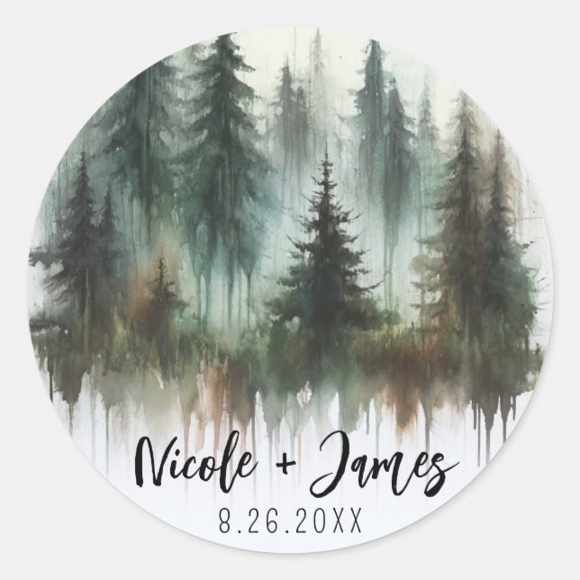 Sticker Rond Mariage de campagne rustique aux arbres à l'aquare (Devant)