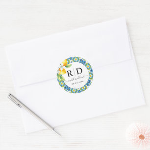 Sticker Rond Mariage de carreaux et citrons méditerranéens