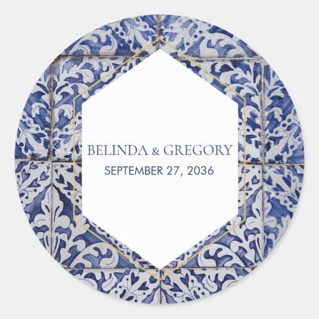 Sticker Rond Mariage de carreaux portugais rustiques (Devant)
