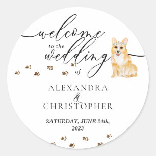 Sticker Rond Mariage de Chien Chien de Chien de Corgi Bienvenue