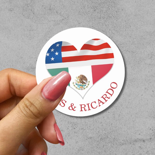 Sticker Rond Mariage de Coeurs de drapeaux mexicains américains (Créateur téléchargé)