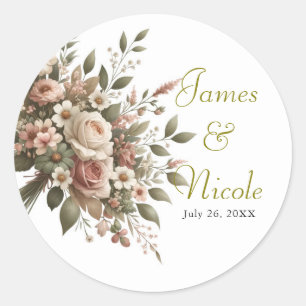 Sticker Rond Mariage de coin floral élégant vert olive et blanc