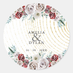 Sticker Rond Mariage de corail d'or floral d'ivoire rouge Bourg