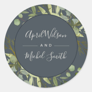 STICKER ROND MARIAGE DE COULEUR D'EAU EN FEUILLE GRISE VERT GOL
