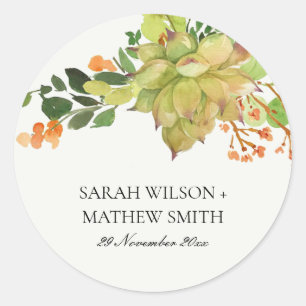 STICKER ROND MARIAGE DE COULEUR D'EAU FLORALE SUCCULTE CACTUS O