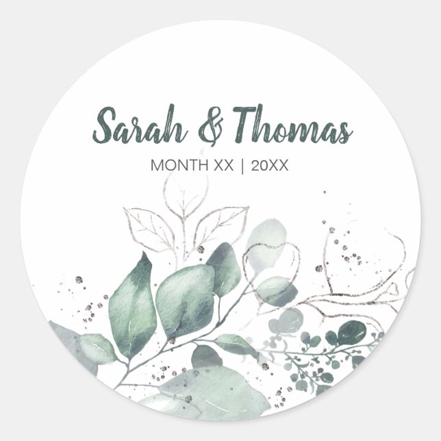 STICKER ROND MARIAGE DE COULEUR D'EAU VERTE EUCALYPTUS (Devant)