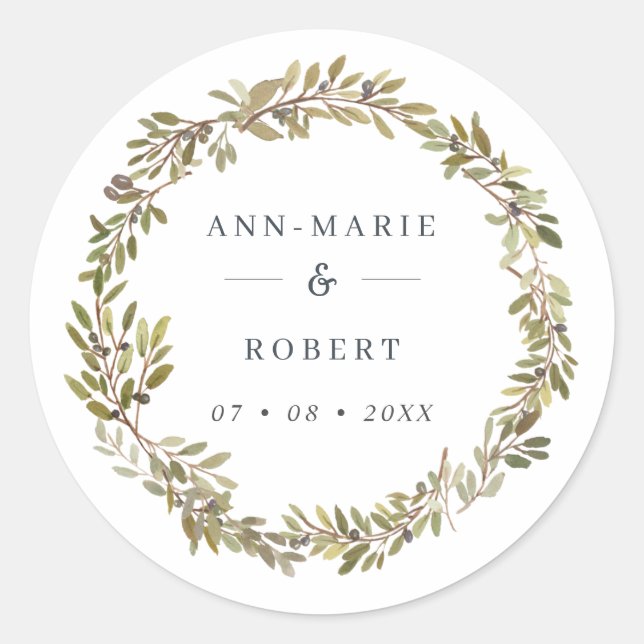 Sticker Rond Mariage de courme d'olive rustique aquarelle (Devant)