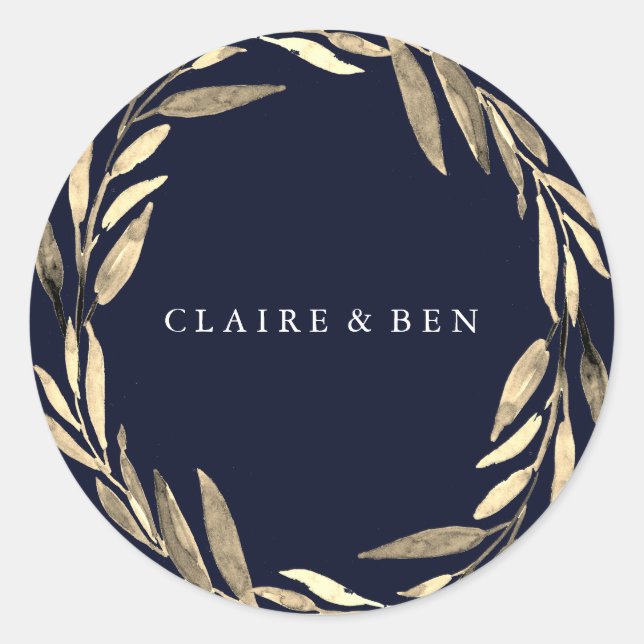 Sticker Rond Mariage de couronne bleu marine moderne feuille do (Devant)