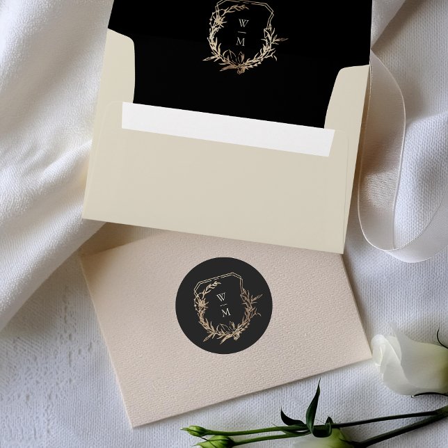 Sticker Rond Mariage de couronne d'or de monogramme noir et crè (Créateur téléchargé)