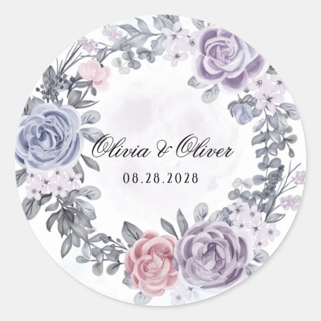 Sticker Rond Mariage de couronnes florales bleu violet rose (Devant)