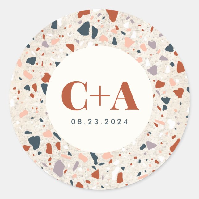 Sticker Rond Mariage de dalle Terrazzo Monogramme et date (Devant)