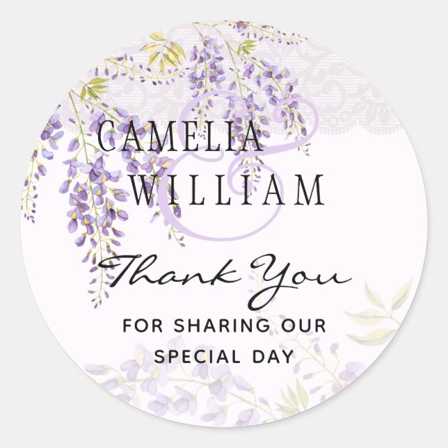 Sticker Rond Mariage de dentelle fleurie moderne violette (Devant)