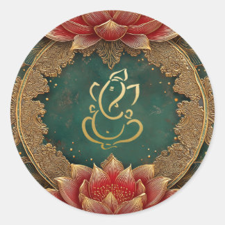 Sticker Rond Mariage de Dieu hindou de Ganesh | Lotus Green en 