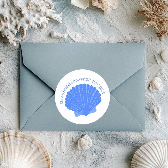 Sticker Rond Mariage de Fête des mariées PERSONNALISÉ Blue Seas (Blue Seashells CUSTOM Bridal Shower Wedding Classic Round Sticker
)