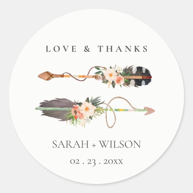 Sticker Rond Mariage de flèches florales rustique Elégant Boho (Devant)
