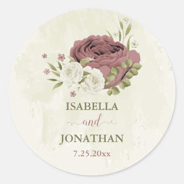 Sticker Rond mariage de fleurs blanches rose et poussiéreuses (Devant)