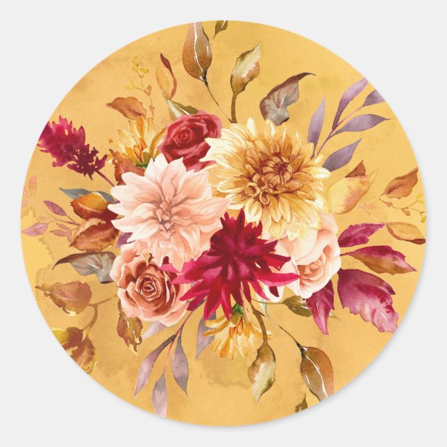 Sticker Rond Mariage de fleurs de dahlia orange et jaune brûlés (Devant)