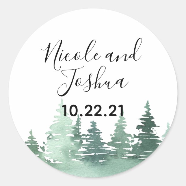 Sticker Rond Mariage de forêt de pins d'aquarelle rustique (Devant)