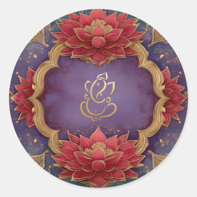 Sticker Rond Mariage de Ganesh | Dieu indien Lotus rose violet (Devant)