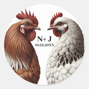Sticker Rond Mariage de la ferme de 2 Country Chickens