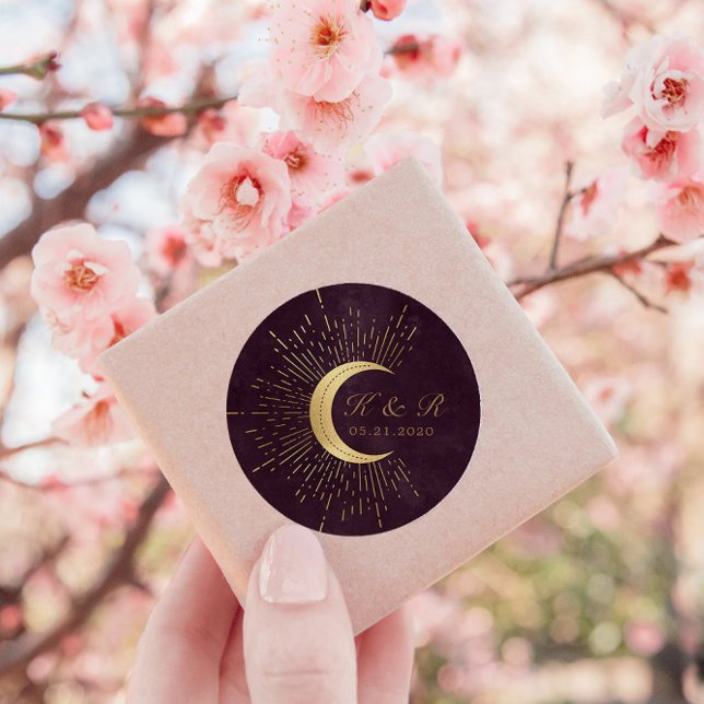 Sticker Rond Mariage de la lune d'or de minuit céleste (Créateur téléchargé)