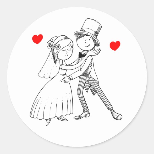 Sticker Rond Mariage de la mariée de dessin animé rouge noir bl (Devant)
