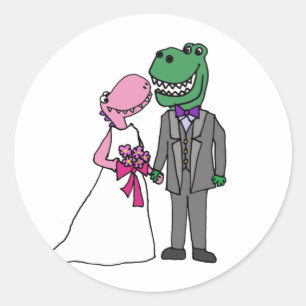 Sticker Rond Mariage de la mariée et du marié dinosaures T-rex