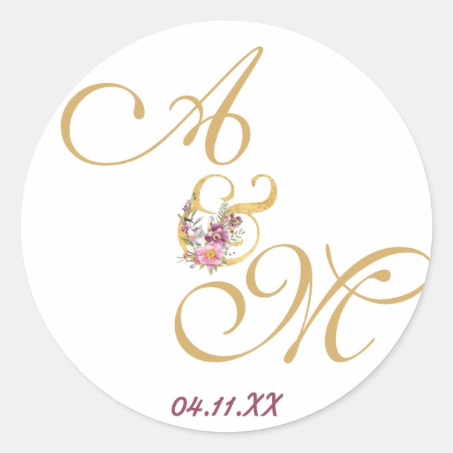 Sticker Rond Mariage de lettre Gold MONOGRAM PERSONNALISÉ (Devant)