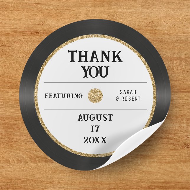 Sticker Rond Mariage de Merci de disques  de disques de vinyle  (Retro Gold Glitter Vinyl Record Thank You Wedding Classic Round Sticker
)