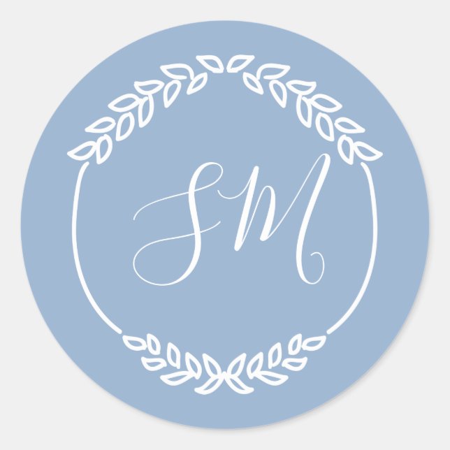 Sticker Rond Mariage de monogramme à feuilles blanches bleu fon (Devant)