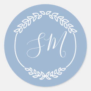 Sticker Rond Mariage de monogramme à feuilles blanches bleu fon
