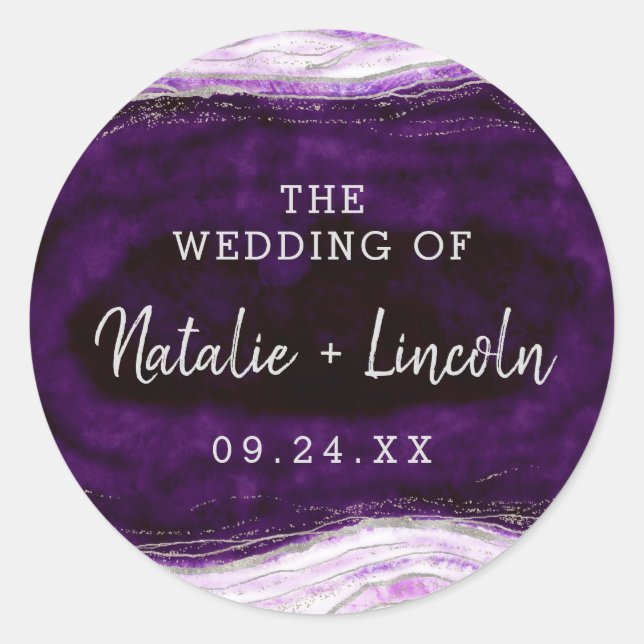 Sticker Rond Mariage de monogramme Amethyst Purple & Silver Geo (Devant)