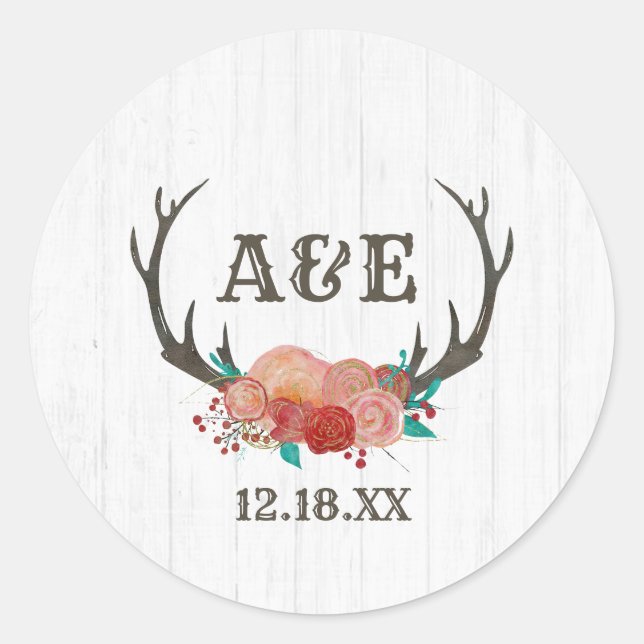 Sticker Rond Mariage de monogramme Antler Boho Deer Rustique Wo (Devant)