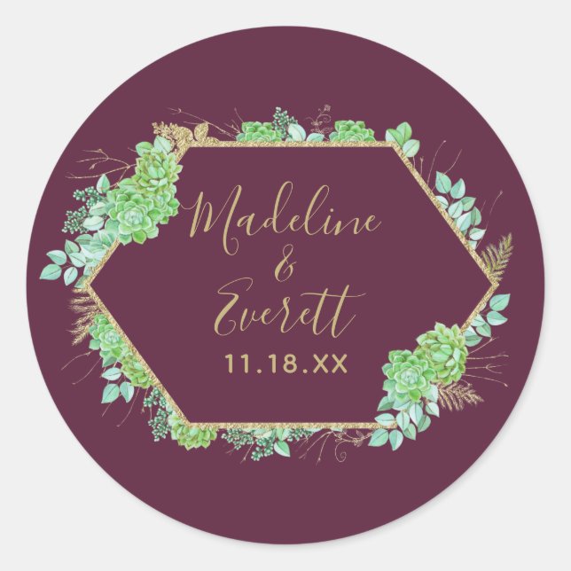 Sticker Rond Mariage de monogramme de cadre doré de succulents  (Devant)