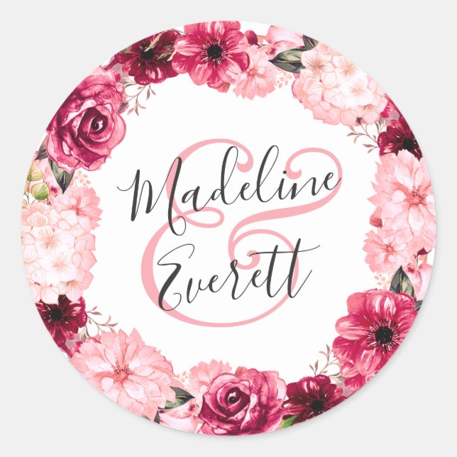 Sticker Rond Mariage de monogramme de couronne florale rose vif (Devant)
