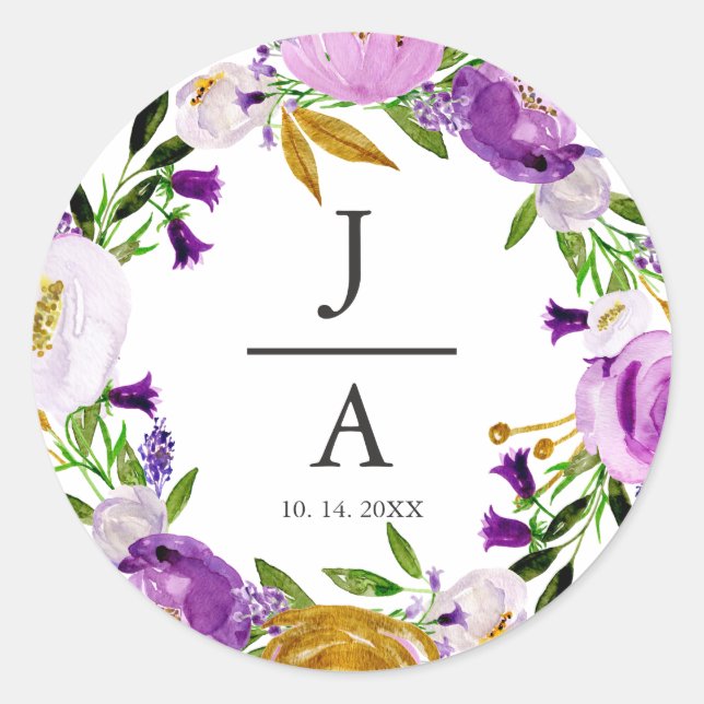 Sticker Rond Mariage de monogramme de couronne violet et or (Devant)