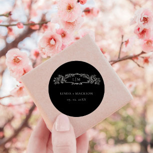 Sticker Rond Mariage de monogramme de crête botanique noire
