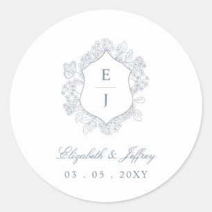 Sticker Rond Mariage de monogramme de crête florale bleu-poussi