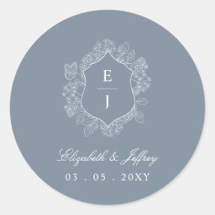Sticker Rond Mariage de monogramme de crête florale bleu-poussi