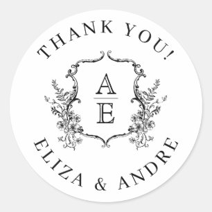 Sticker Rond Mariage de monogramme de crête noire et blanche