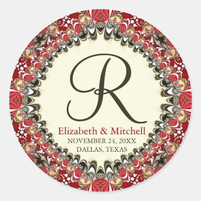 Sticker Rond Mariage de monogramme de dentelle rouge Batik (Devant)